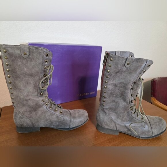 Madden Girl Galeriaa Brown Pari Gray Faux Leather Lace-Up Boots Plaid Lining 10M - Picture 7 of 9
